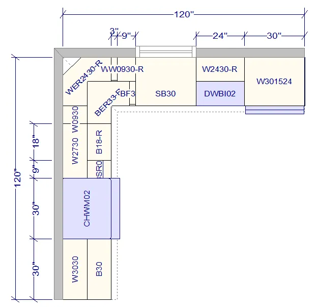 10x10 L-Shape Kitchen Layout Design - Rustic Oak Cabinets