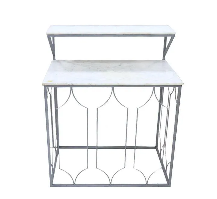 2 Step White Marble Coffee Table With Silver Metal Legs