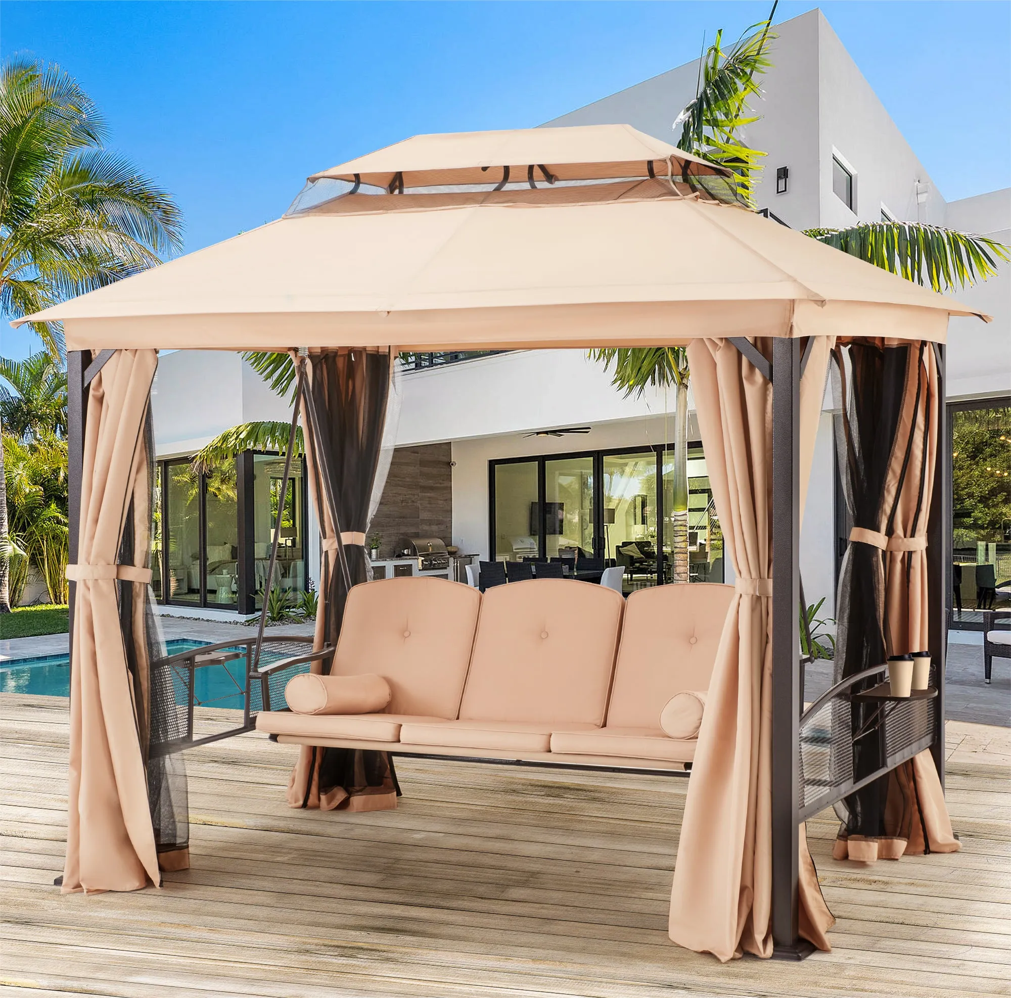 3-Seat Outdoor Gazebo Swing Chair with Canopy and Curtains, Khaki