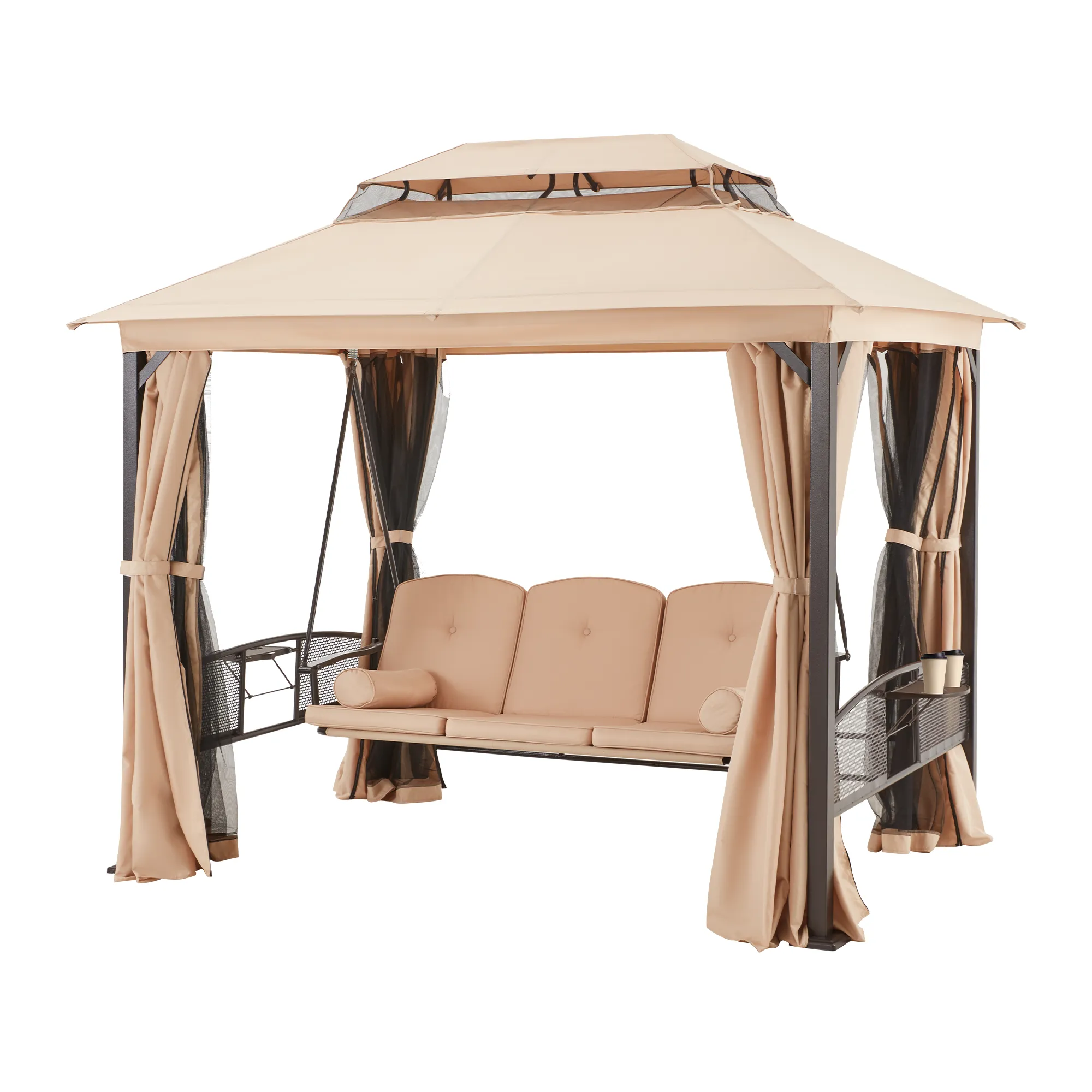 3-Seat Outdoor Gazebo Swing Chair with Canopy and Curtains, Khaki