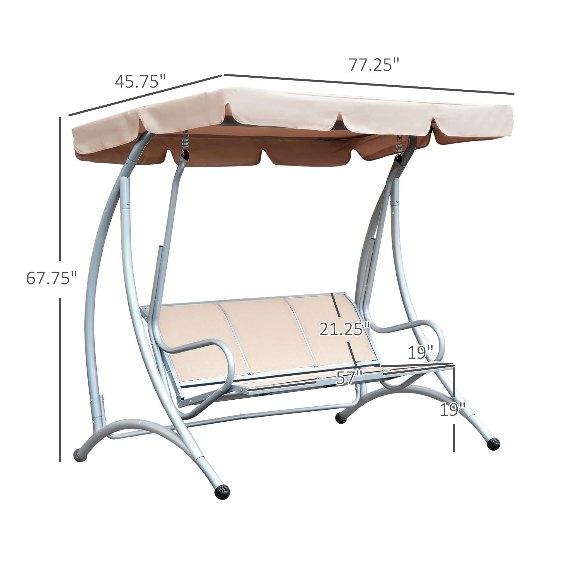 3-Seat Outdoor Porch Swing Chair, Adjustable Canopy, Beige