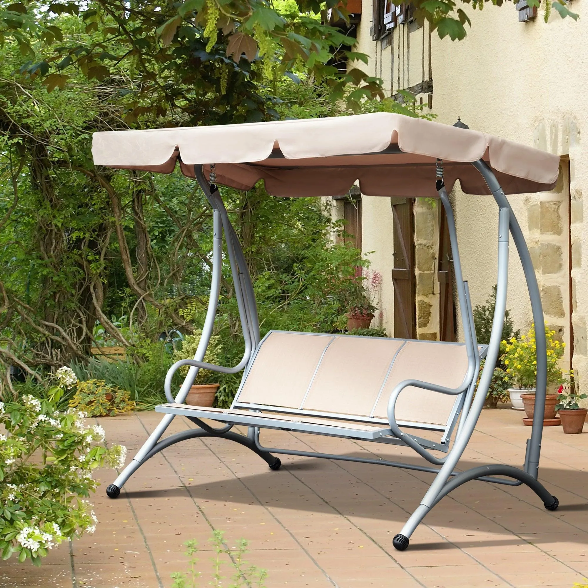 3-Seat Outdoor Porch Swing Chair, Adjustable Canopy, Beige