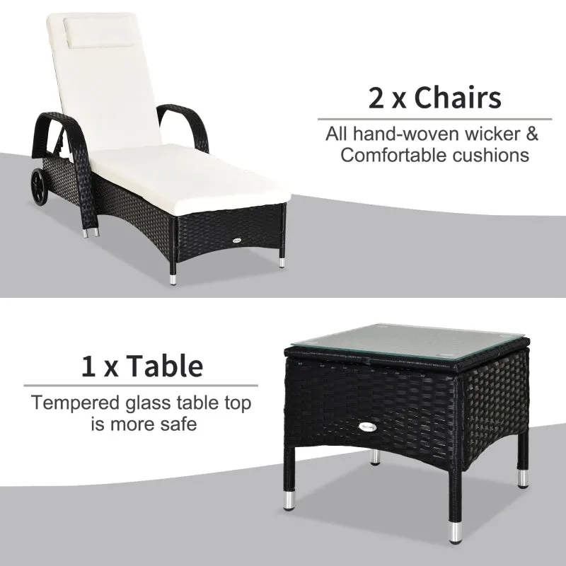 3pc Wheeled Patio Rattan Lounge Set with Side Table - Black