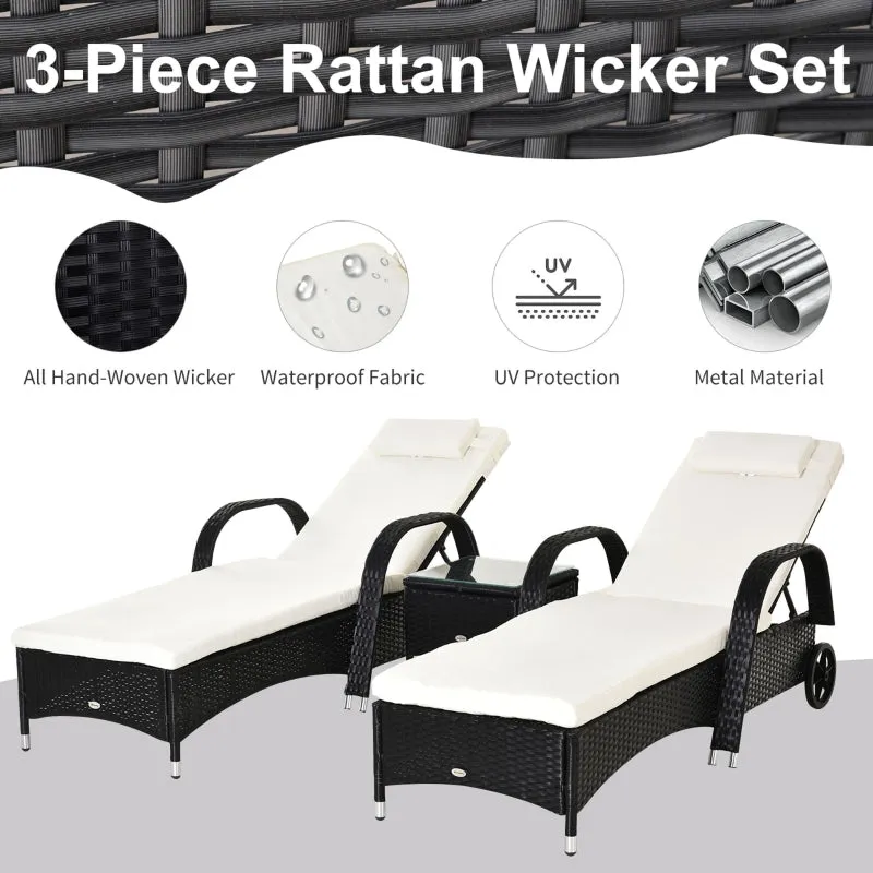 3pc Wheeled Patio Rattan Lounge Set with Side Table - Black