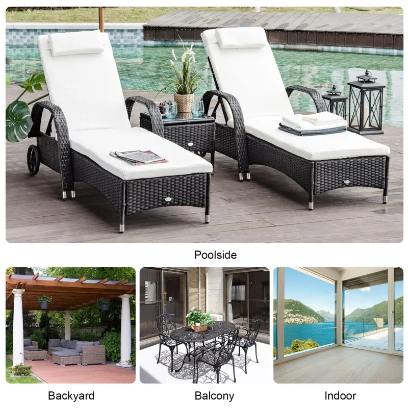 3pc Wheeled Patio Rattan Lounge Set with Side Table - Black