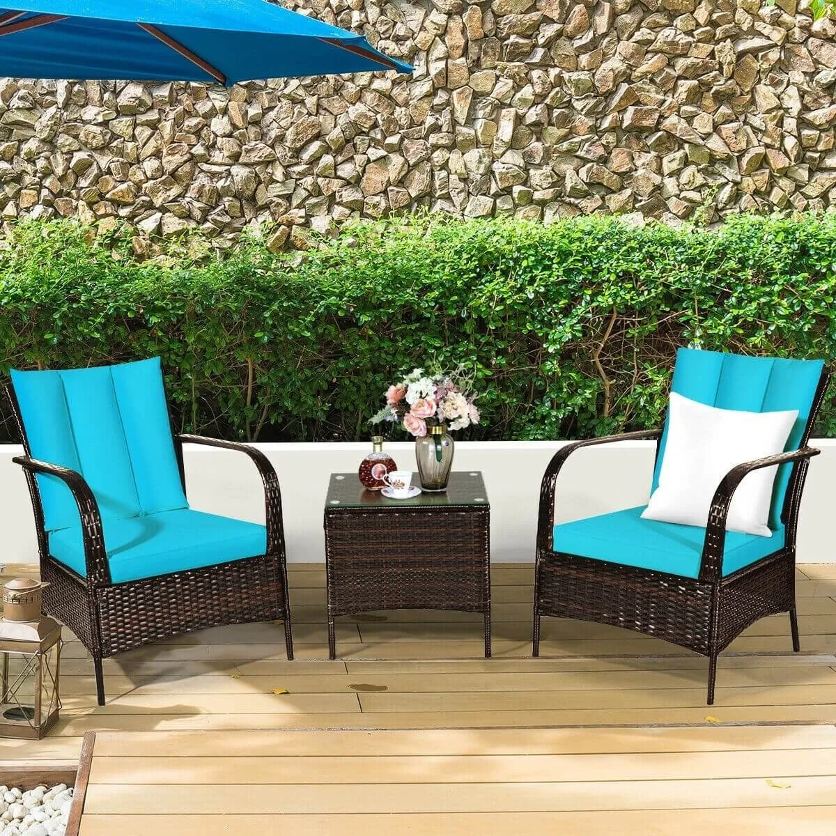 3pc Wicker Rattan Patio Furniture Set - Turquoise