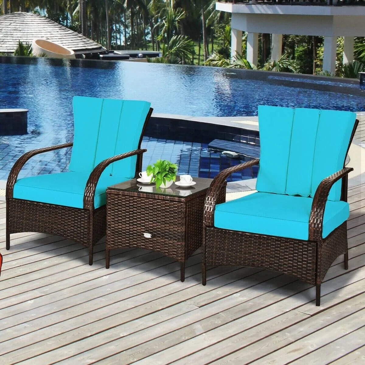 3pc Wicker Rattan Patio Furniture Set - Turquoise