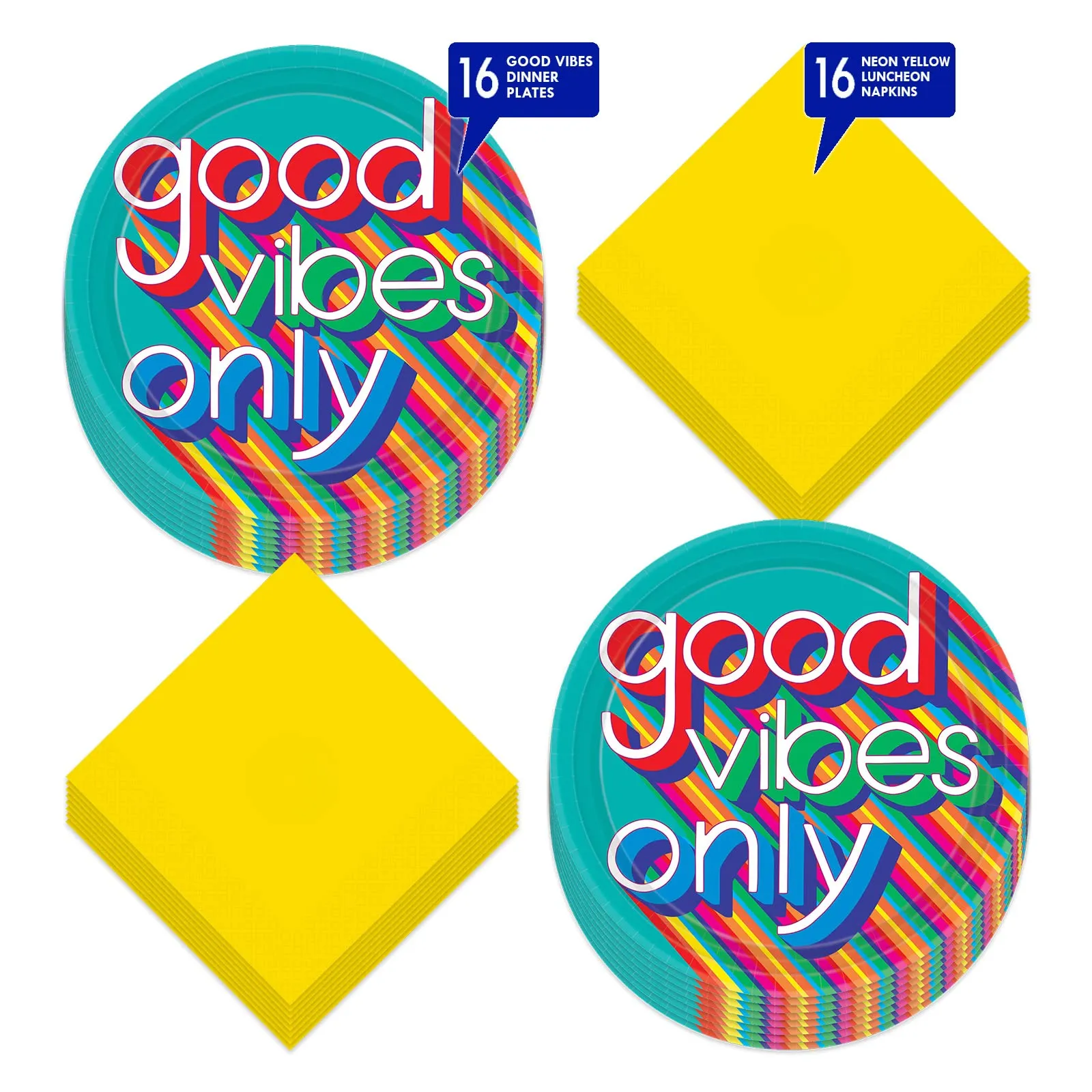 70's Decades Party Supplies - Good Vibes Paper Large Dinner Plates and Lunch Napkins (Serves 16)