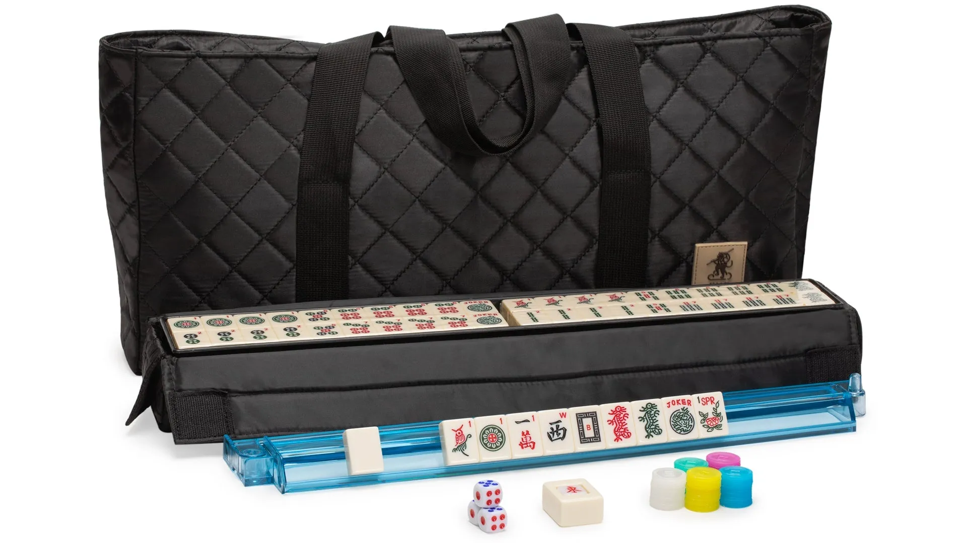 American Mahjong Set, "Midnight Ebony" with Black Soft Case - Racks with Pushers, Scoring Coins, Dice, and Wind Indicator