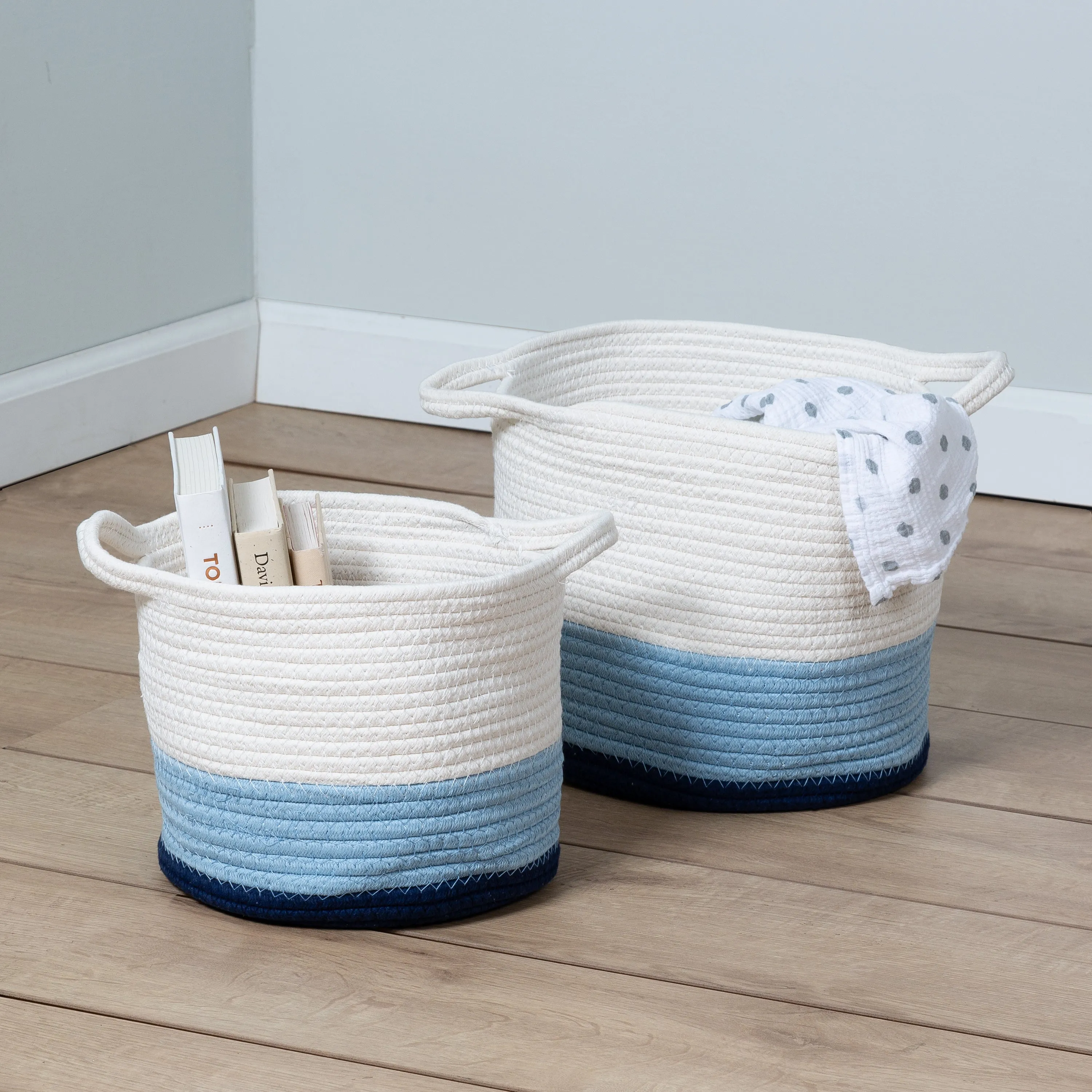 Blue/White Ombré Cotton Rope Nesting Basket (Set of 2)