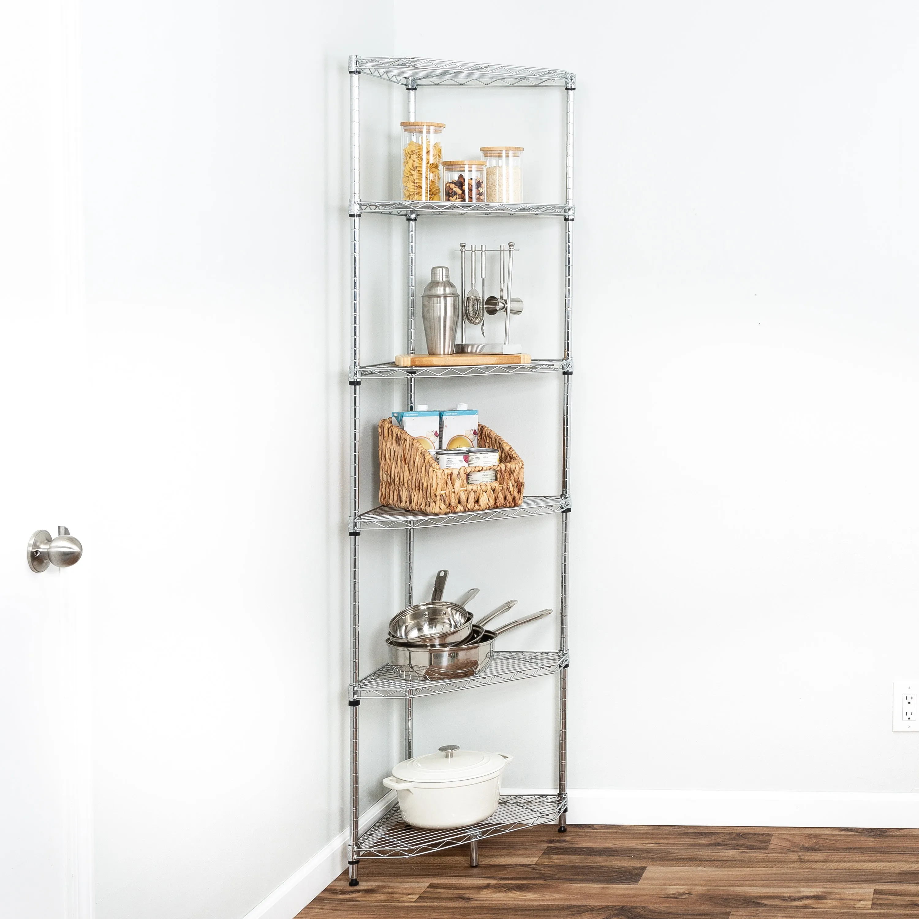 Chrome Steel 6-Tier Compact Corner Shelving Unit