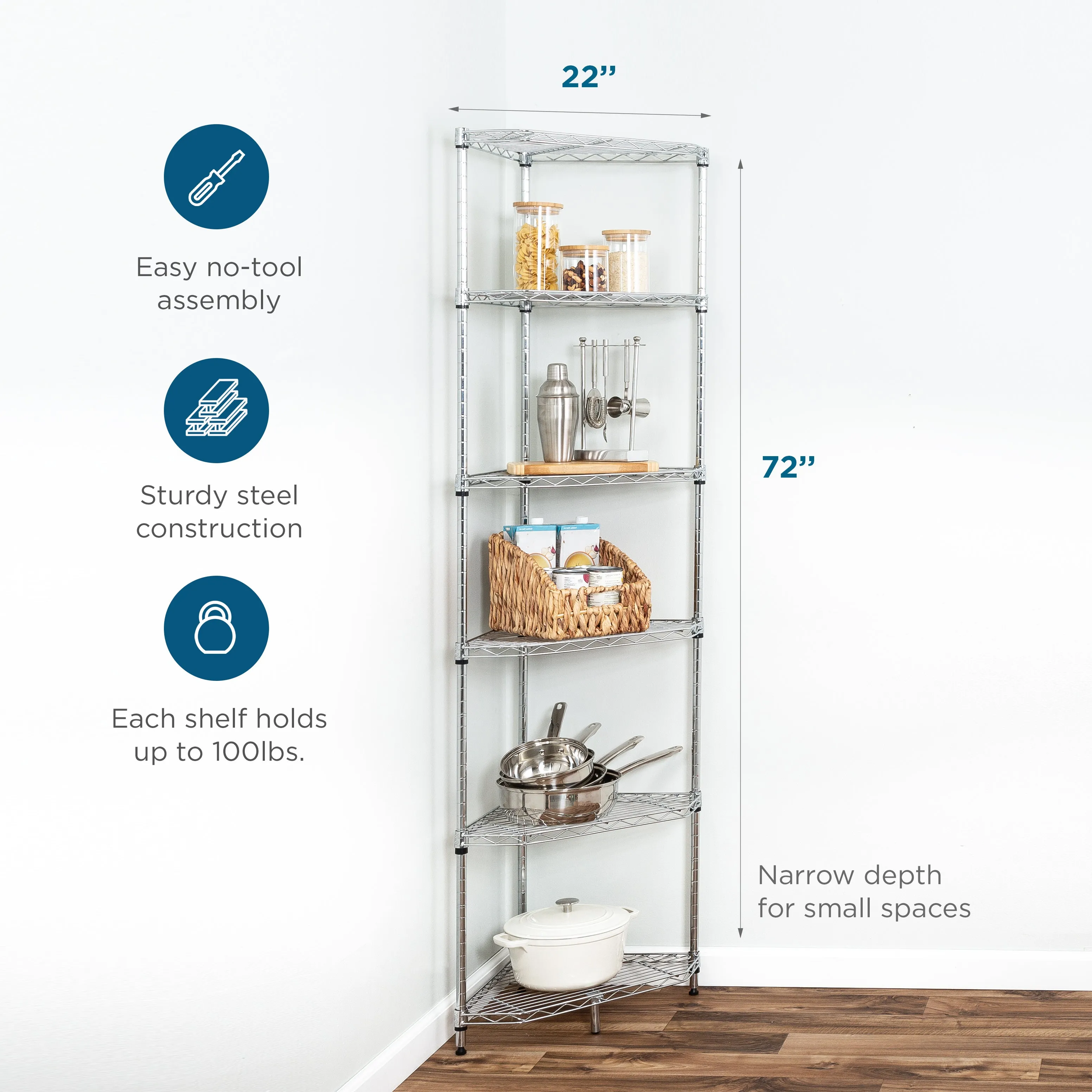 Chrome Steel 6-Tier Compact Corner Shelving Unit