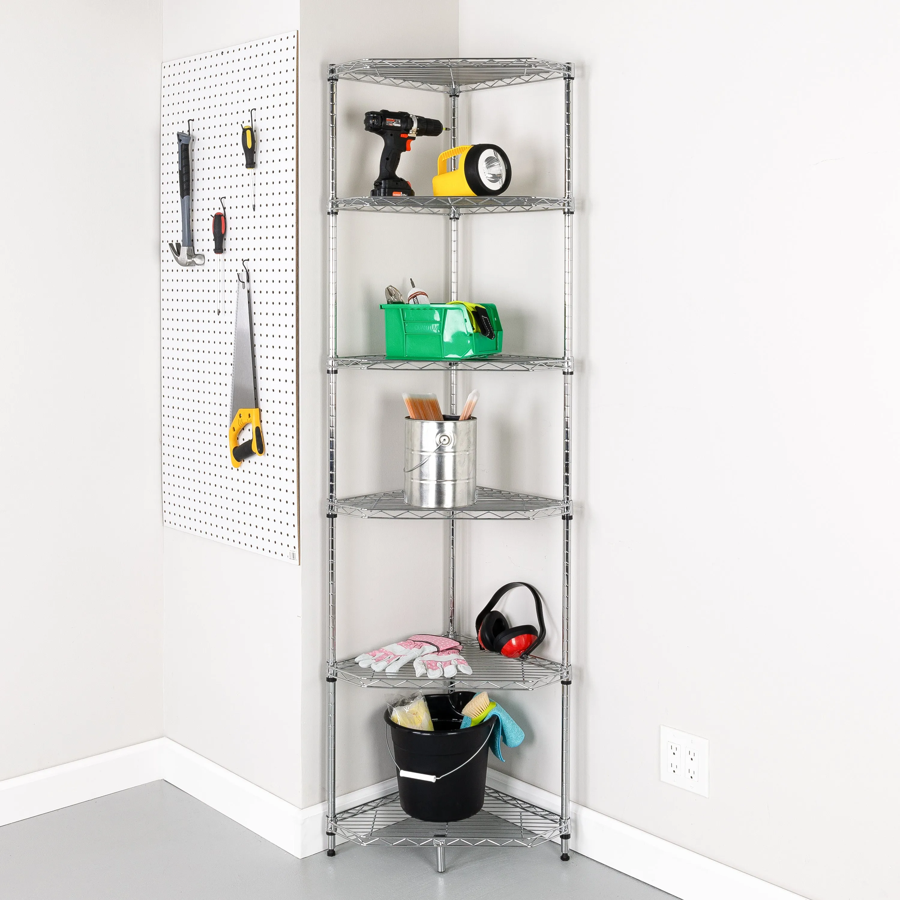 Chrome Steel 6-Tier Compact Corner Shelving Unit