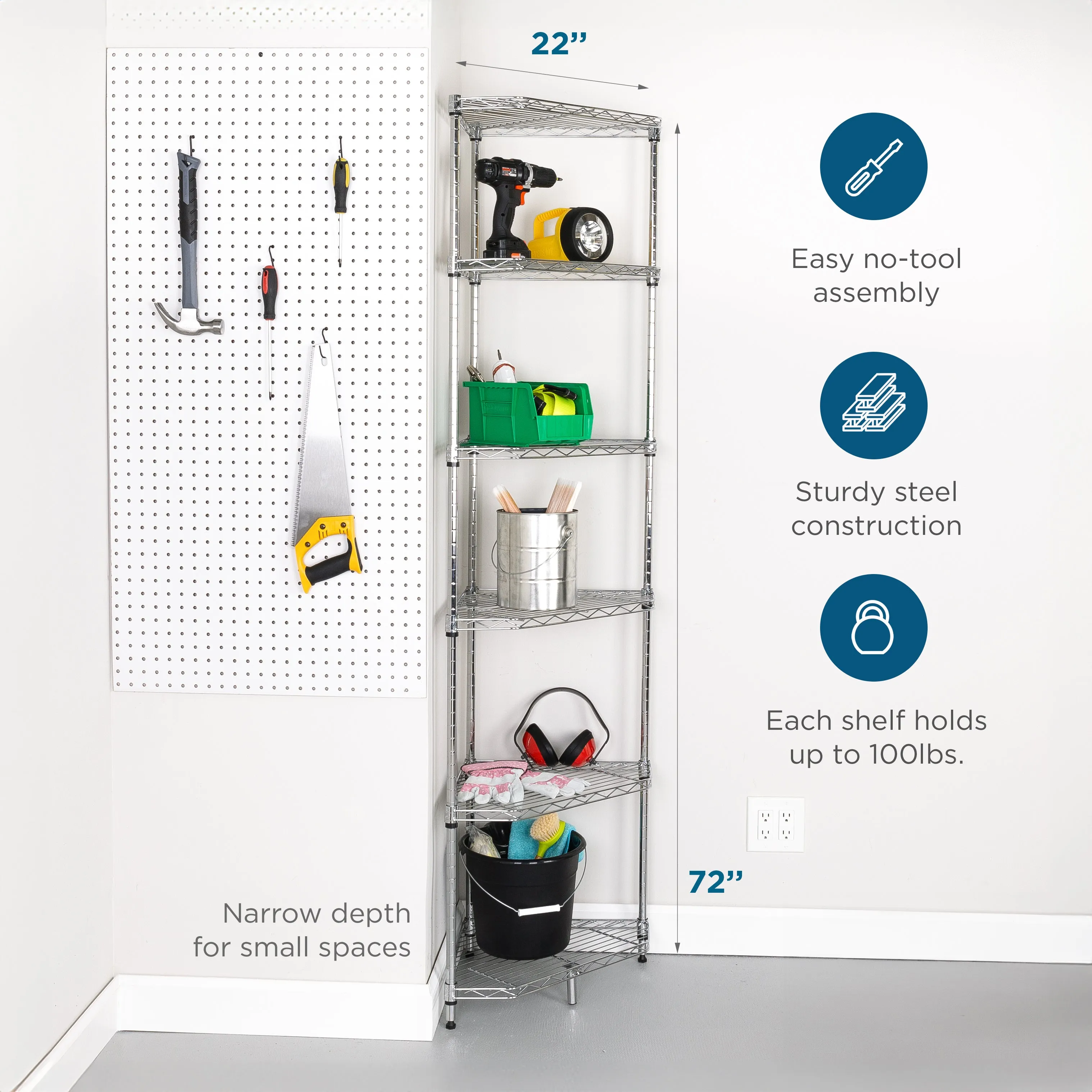 Chrome Steel 6-Tier Compact Corner Shelving Unit