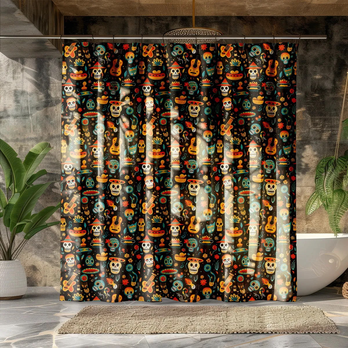 Colorful Mexican Day of the Dead Shower Curtain |Lightweight 100% Polyester, Water and Mildew Resistant, Multiple sizes with Hooks