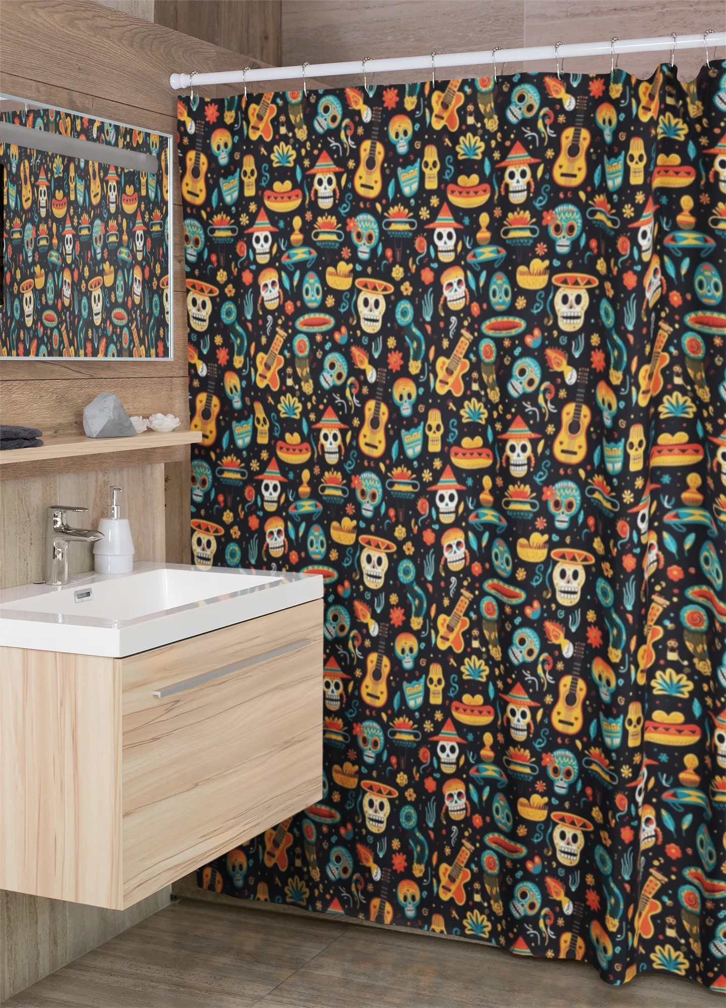 Colorful Mexican Day of the Dead Shower Curtain |Lightweight 100% Polyester, Water and Mildew Resistant, Multiple sizes with Hooks