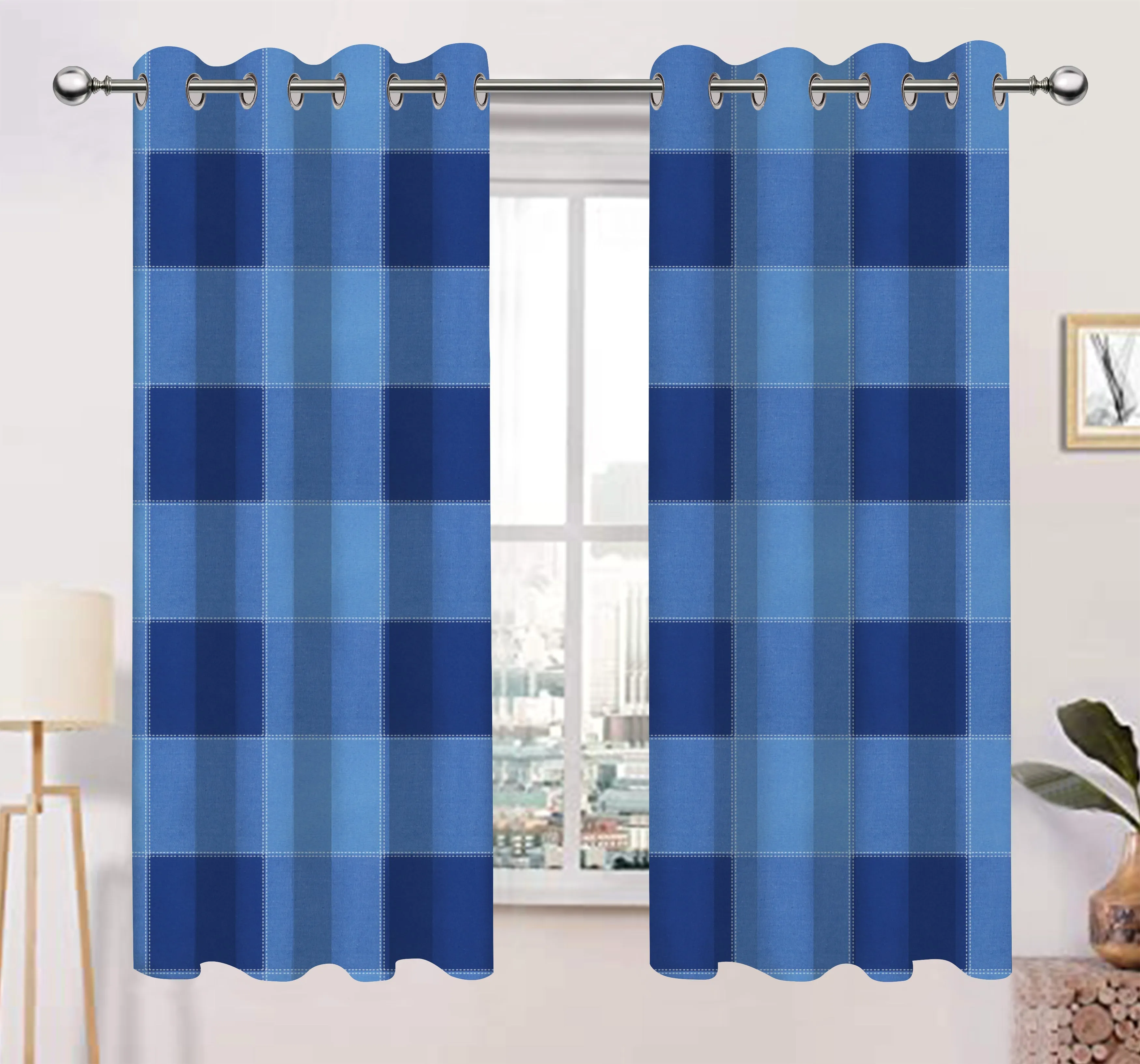 Cotton 4 Way Dobby Blue 7ft Door Curtains Pack Of 2