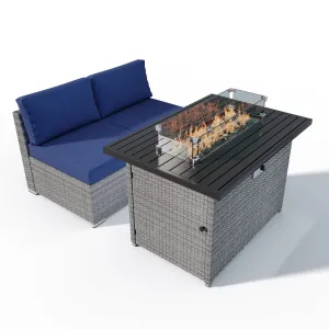 EAGLE PEAK 3 Piece Outdoor Armless Wicker Sofa Set, Outdoor Patio Armless Chairs with Removable Cushions and Fire Table, Sectional Wicker Loveseat Sofa