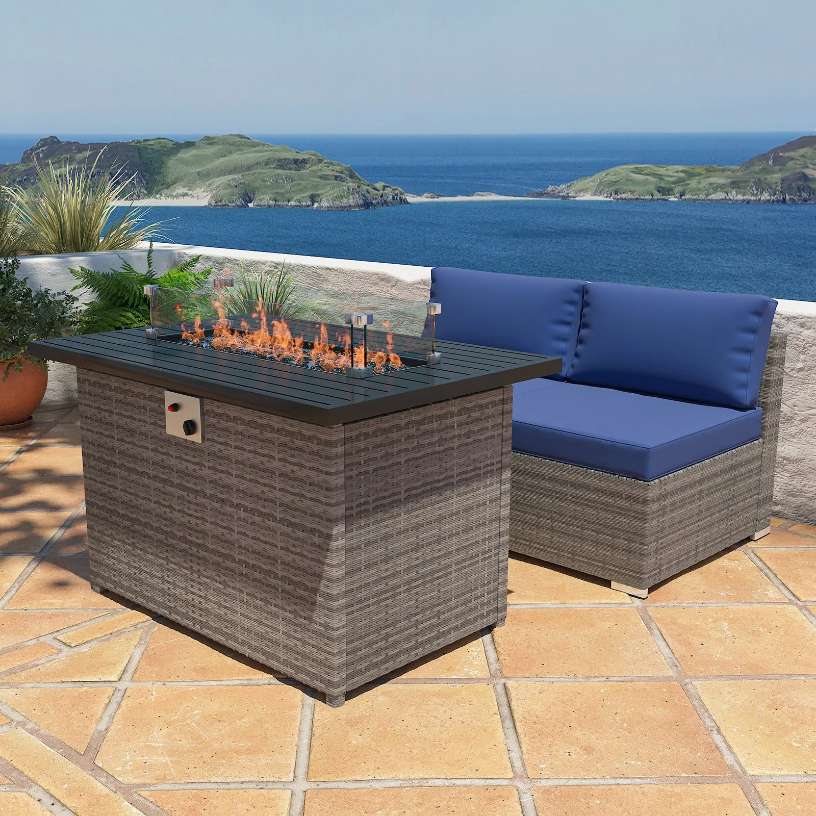 EAGLE PEAK 3 Piece Outdoor Armless Wicker Sofa Set, Outdoor Patio Armless Chairs with Removable Cushions and Fire Table, Sectional Wicker Loveseat Sofa