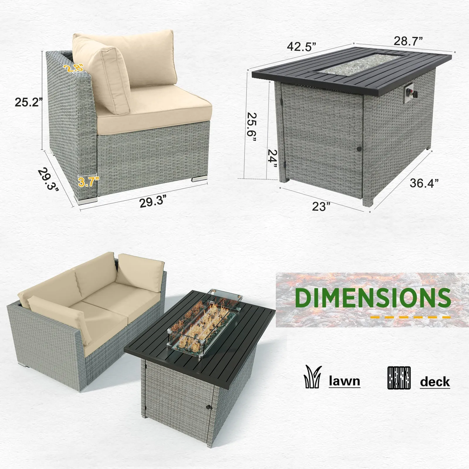 EAGLE PEAK 3 Piece Outdoor Wicker Loveseat, Outdoor Patio Sofa Corner Chairs with Removable Cushions and Fire Table, Sectional Wicker Sofa