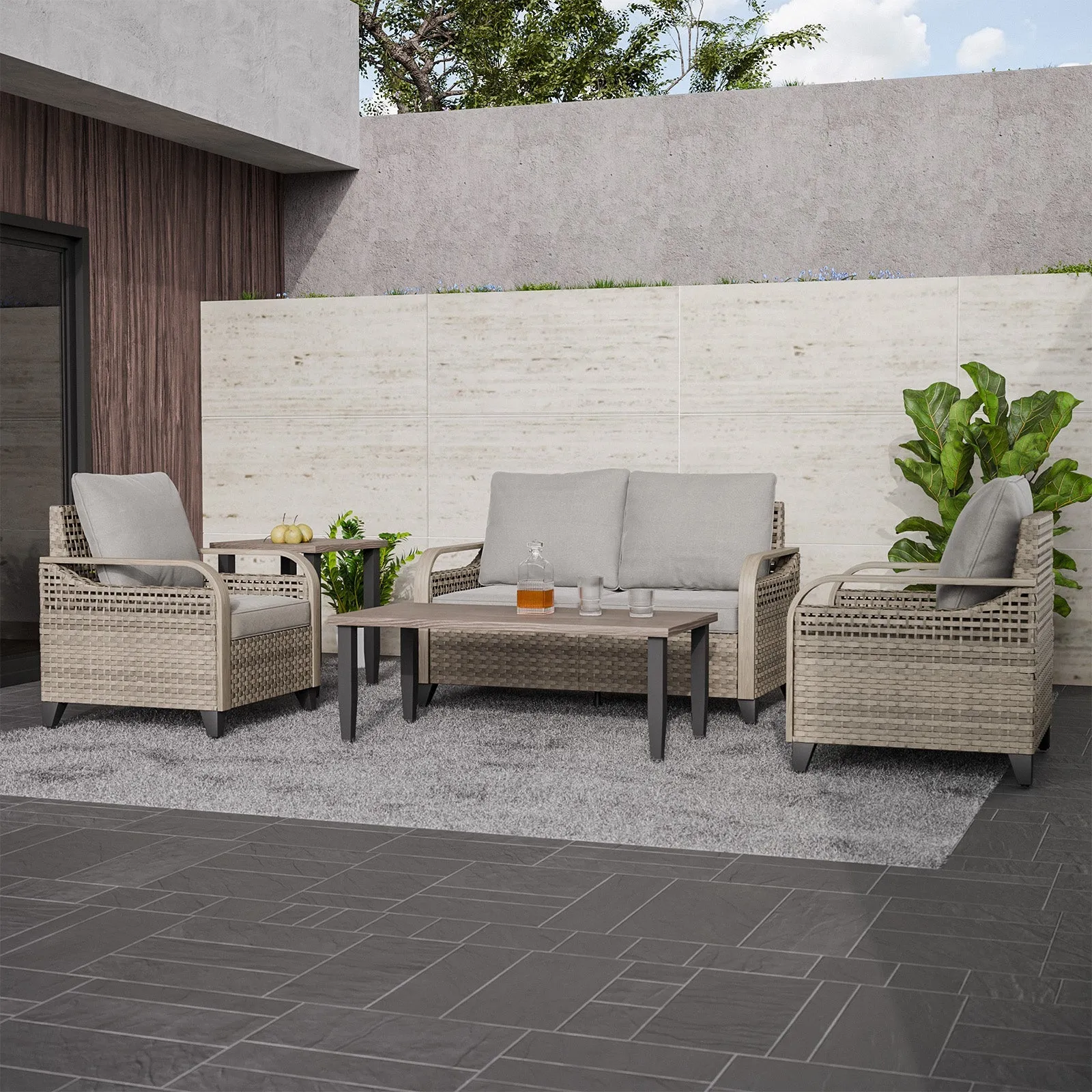 EAGLE PEAK 5 Piece Wicker Outdoor Patio Furniture Set, Patio Set with 2 Patio Chairs, 2 Seat Loveseat Sofa, Coffee Table and Side Table, Brown/Gray