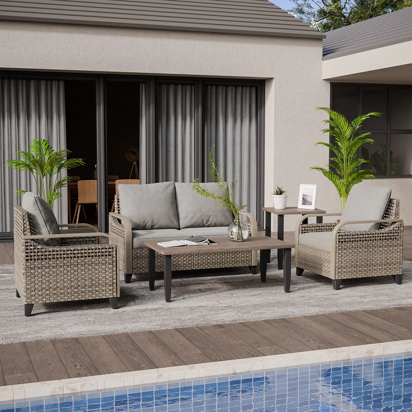 EAGLE PEAK 5 Piece Wicker Outdoor Patio Furniture Set, Patio Set with 2 Patio Chairs, 2 Seat Loveseat Sofa, Coffee Table and Side Table, Brown/Gray