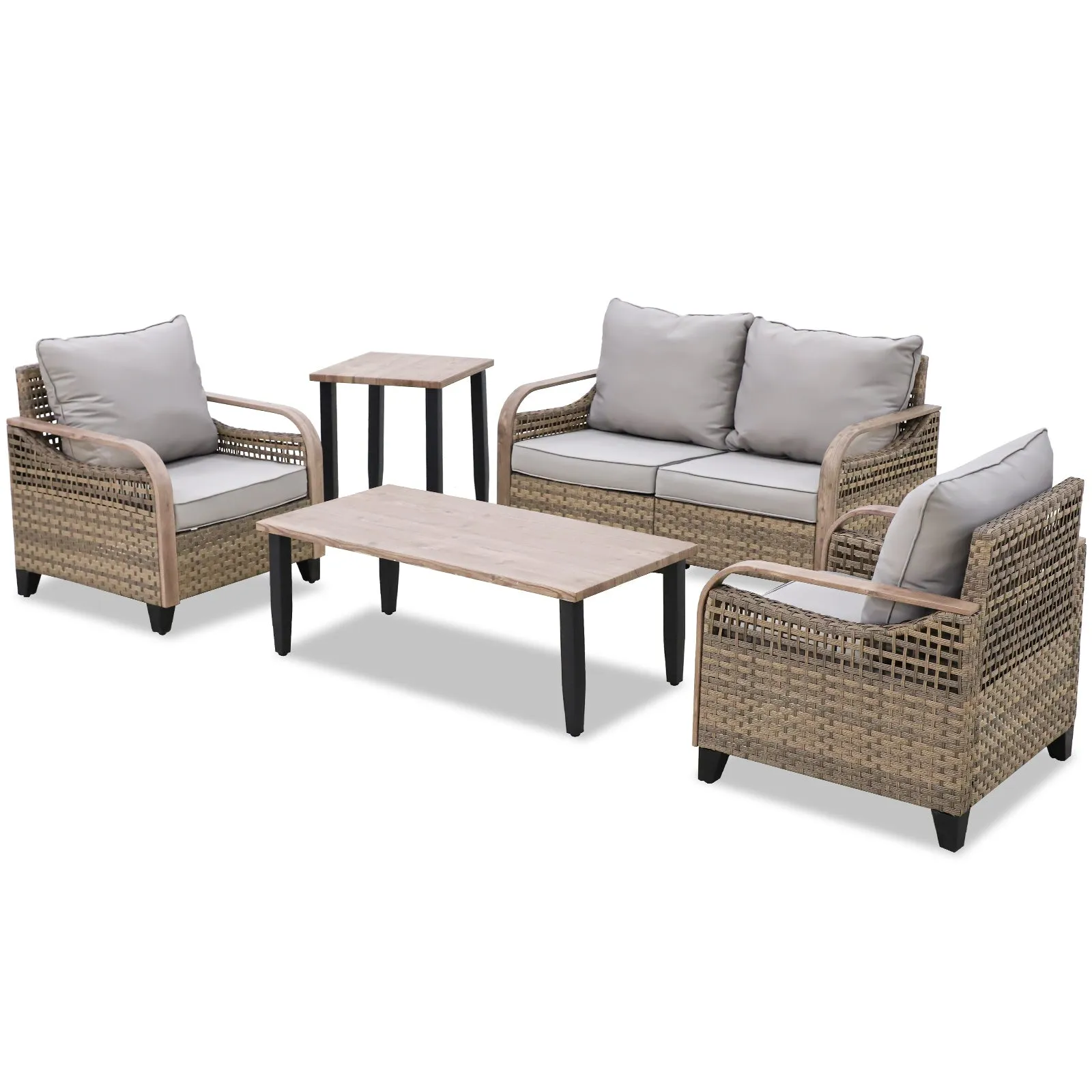 EAGLE PEAK 5 Piece Wicker Outdoor Patio Furniture Set, Patio Set with 2 Patio Chairs, 2 Seat Loveseat Sofa, Coffee Table and Side Table, Brown/Gray