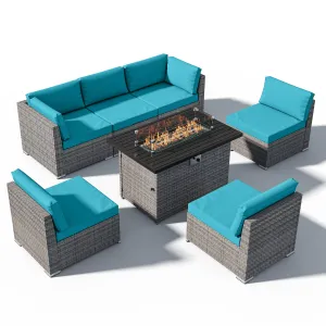 EAGLE PEAK 7 Piece Outdoor Wicker Patio Furniture Set with Fire Table, Outdoor PE Rattan Sectional Conversation Set with Seating for 6 People