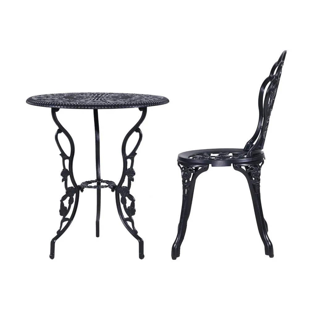 Gardeon 3PC Outdoor Setting Cast Aluminium Bistro Table Chair Patio Black