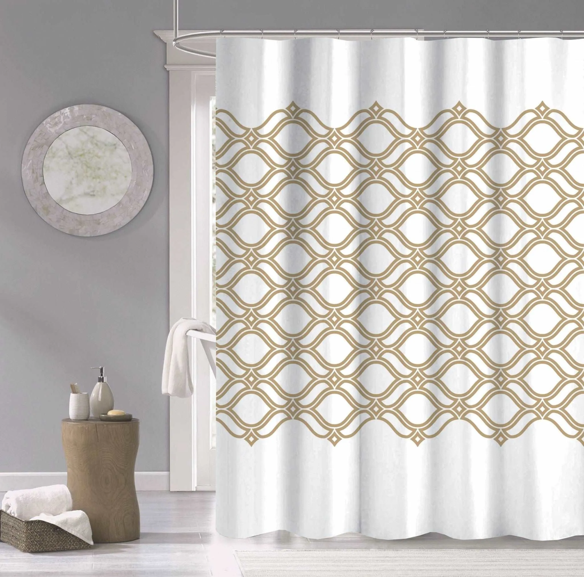 Gold And White Printed Lattice Shower Curtain