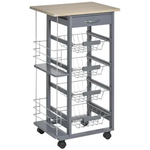 Kitchen Trolley, Multi-Use Kitchen Island w/ 4 Baskets 2 Side Racks 4 Wheels Food Storage Smooth Rolling Compact Furniture Grey