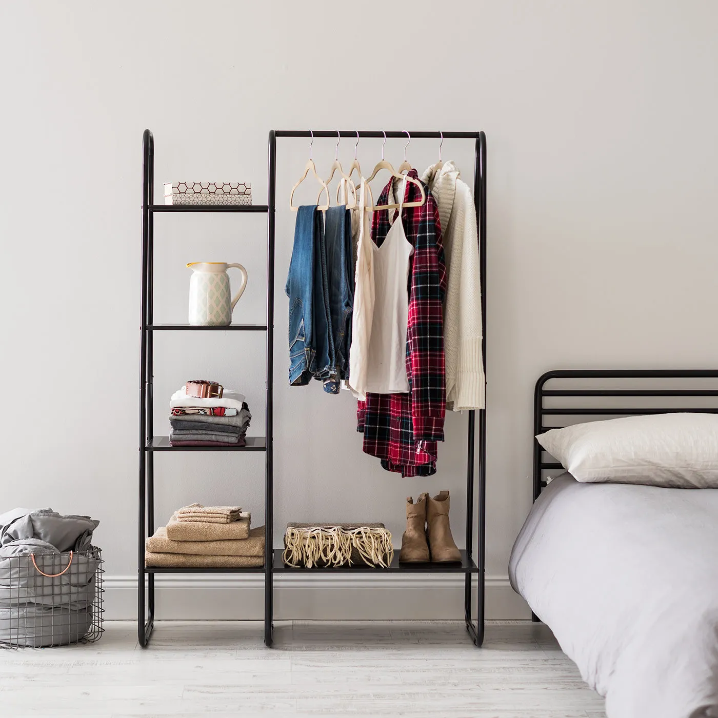 Metal Garment Rack with Metal Mesh Shelves