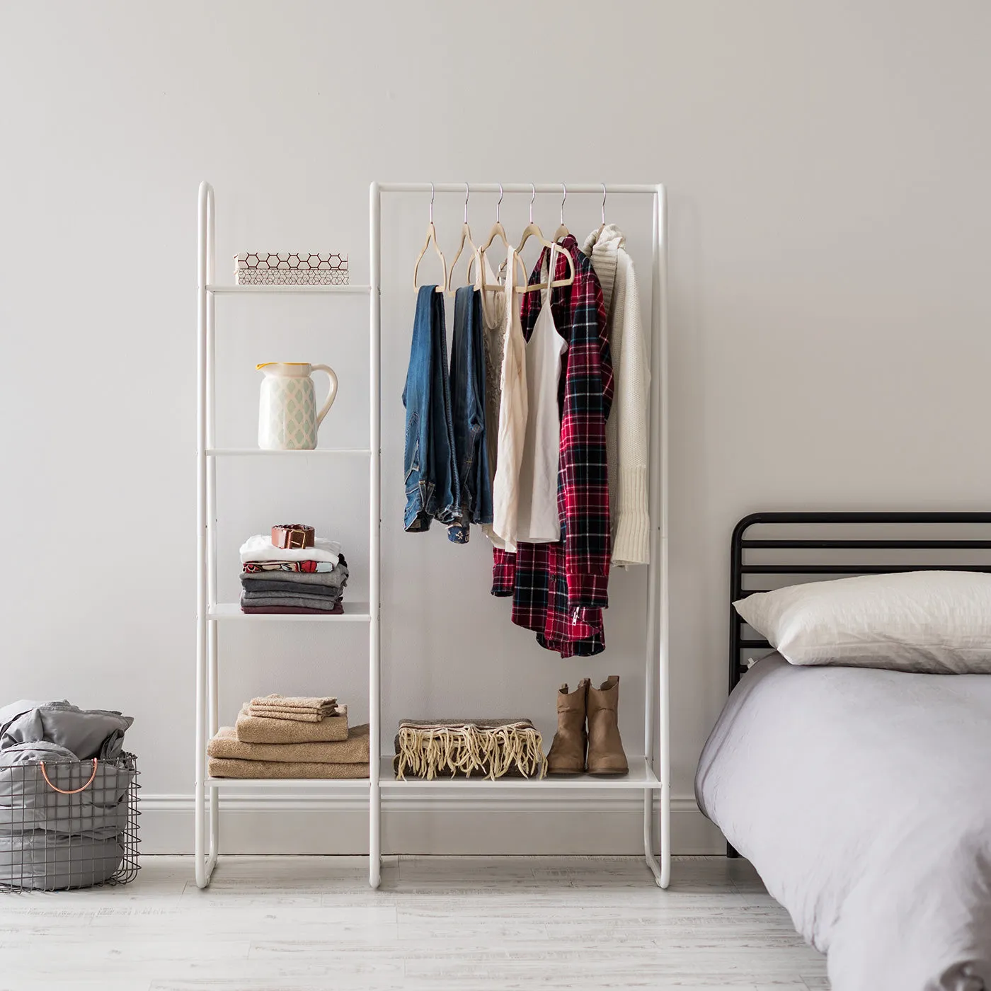 Metal Garment Rack with Metal Mesh Shelves