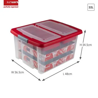 Nesta Christmas Storage Box 32L With Trays For 32 Baubles - Transparent Red-REDUCED 10%