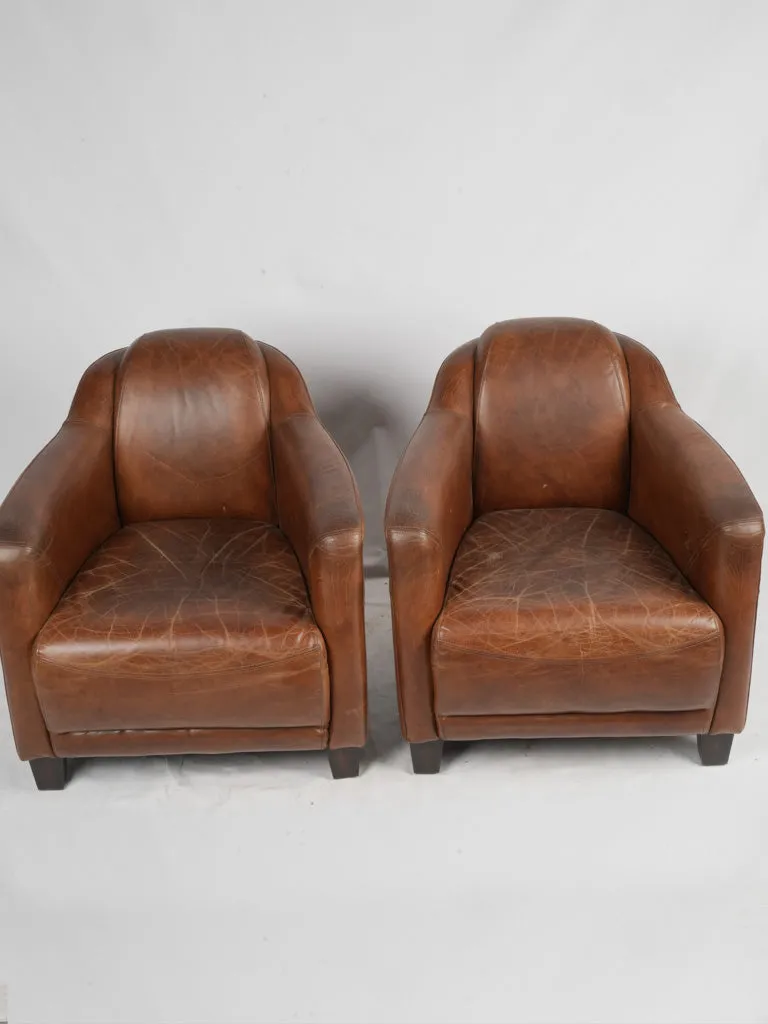 Pair of Vintage French Leather Club Chairs - Chocolate Brown