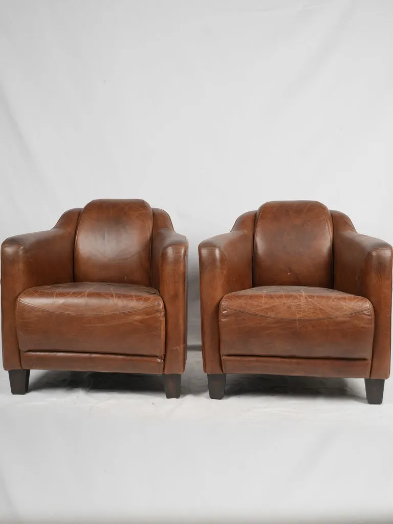 Pair of Vintage French Leather Club Chairs - Chocolate Brown