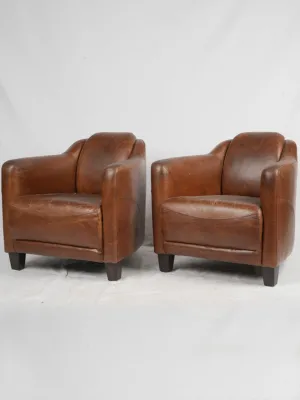 Pair of Vintage French Leather Club Chairs - Chocolate Brown