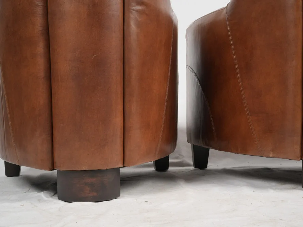 Pair of Vintage French Leather Club Chairs - Chocolate Brown