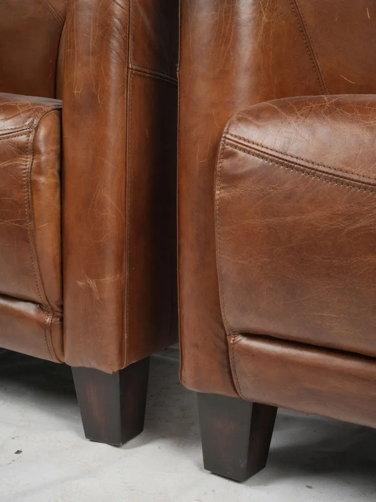 Pair of Vintage French Leather Club Chairs - Chocolate Brown