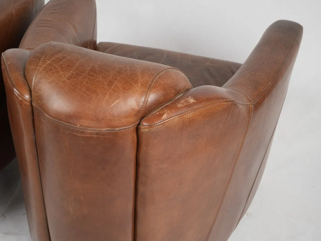 Pair of Vintage French Leather Club Chairs - Chocolate Brown