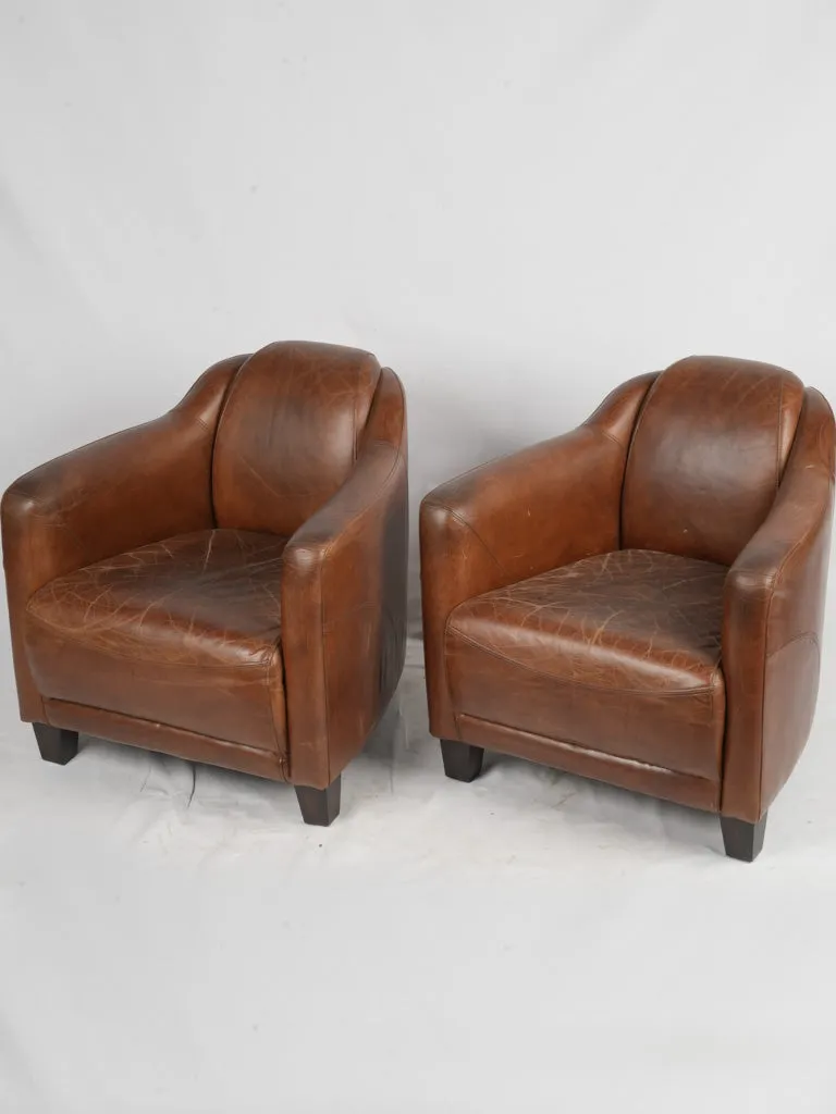 Pair of Vintage French Leather Club Chairs - Chocolate Brown