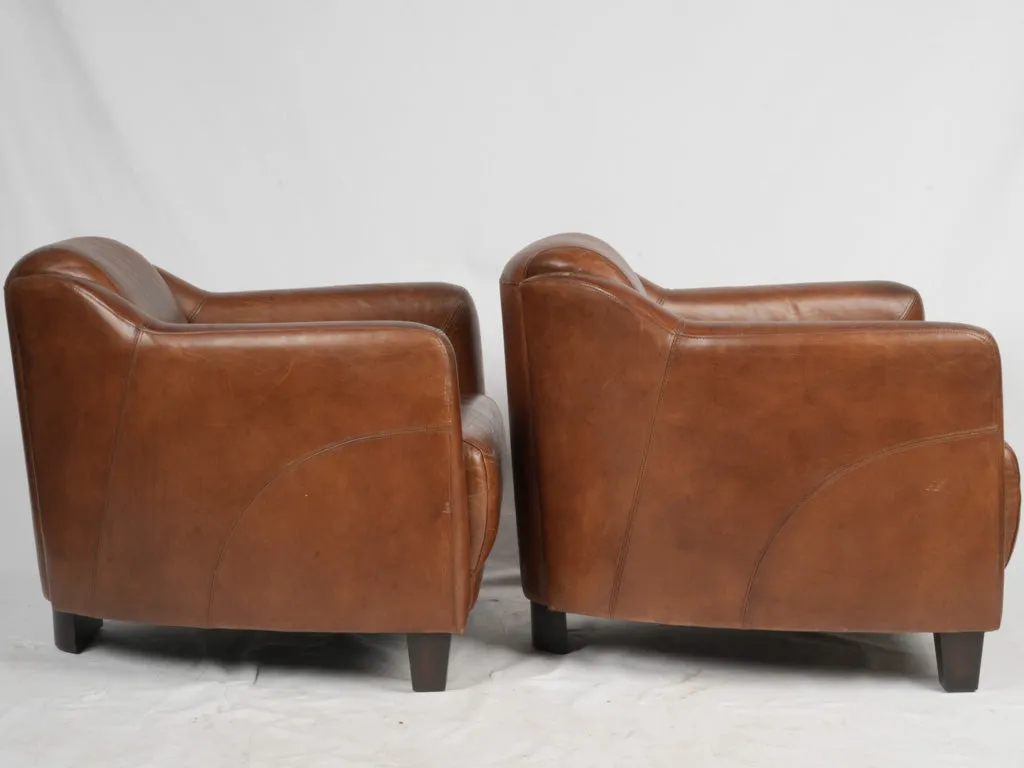 Pair of Vintage French Leather Club Chairs - Chocolate Brown