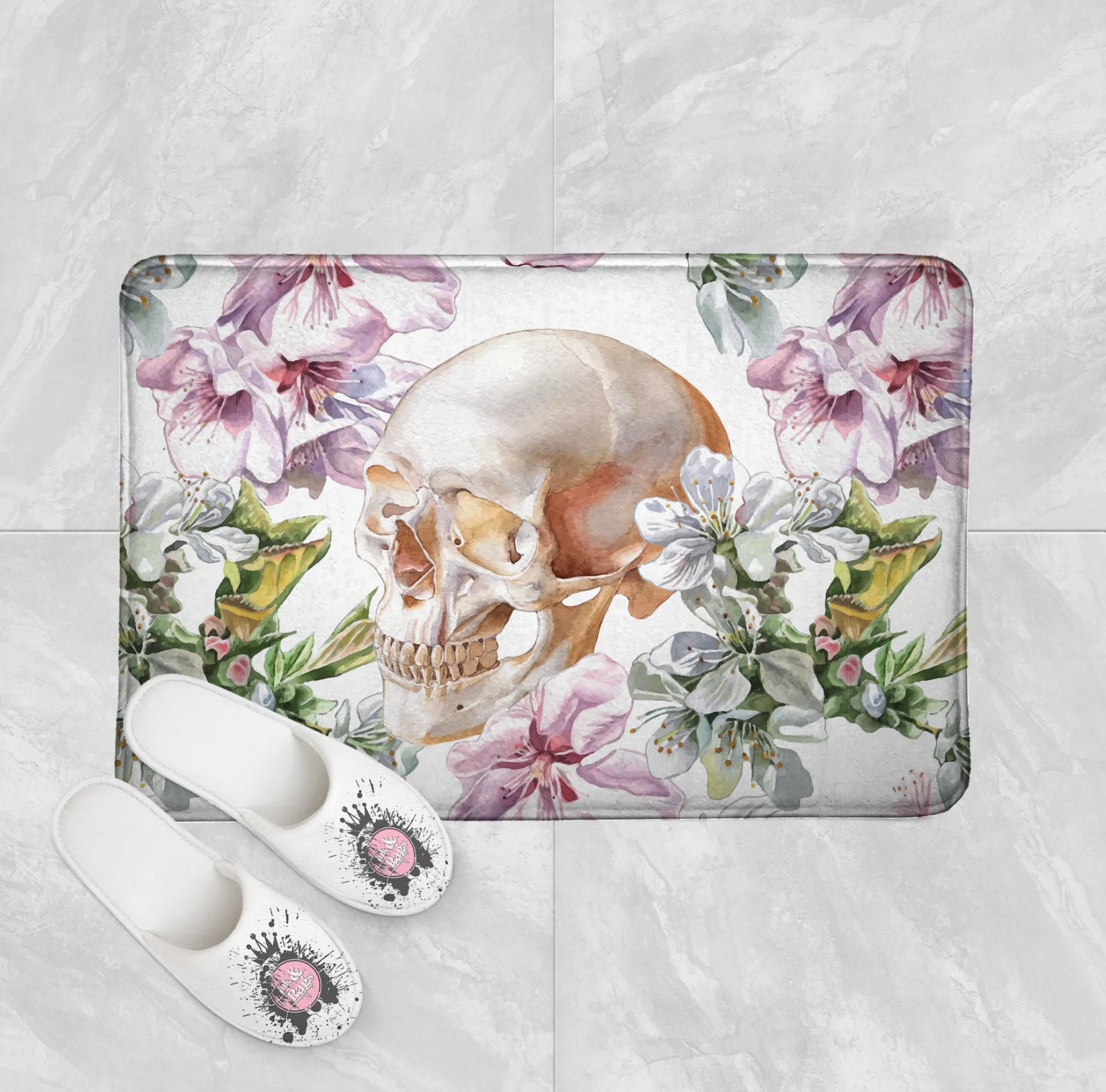 Pink and White Watercolor Flower Skull Shower Curtains and Optional Bath Mats