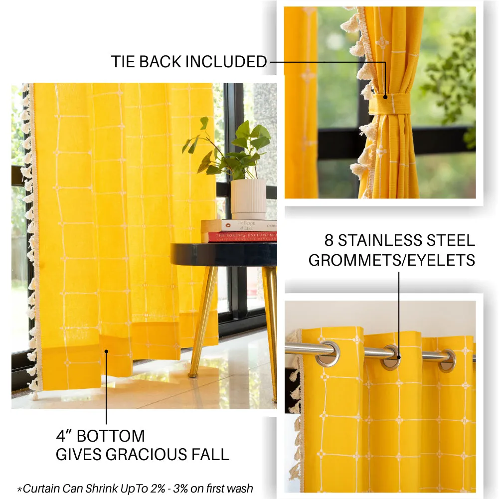 Premium 100% Cotton Embroidery Curtain for Window & Door - Pack of 1 Curtain, Aura Yellow Checks