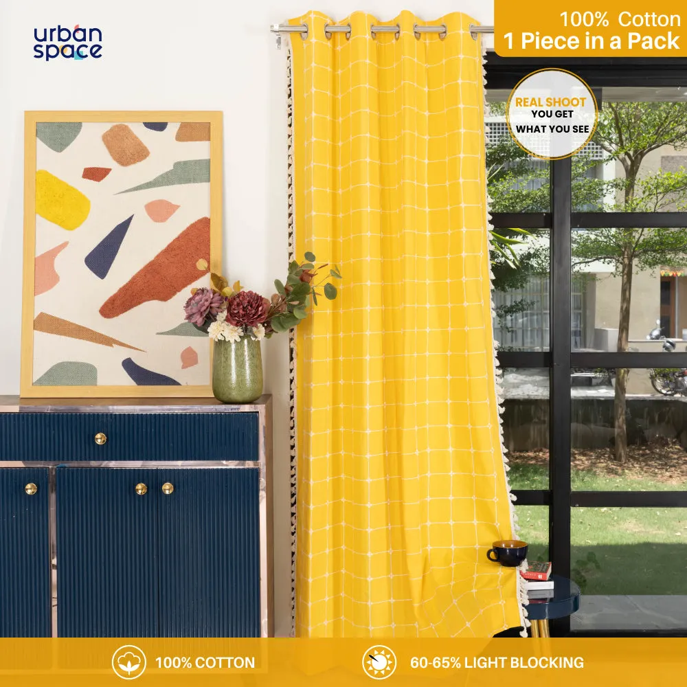 Premium 100% Cotton Embroidery Curtain for Window & Door - Pack of 1 Curtain, Aura Yellow Checks