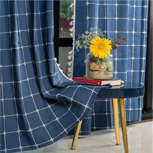 Premium 100% Cotton Embroidery Curtain for Window & Door - Pack of 1 Curtain, Indigo Checks