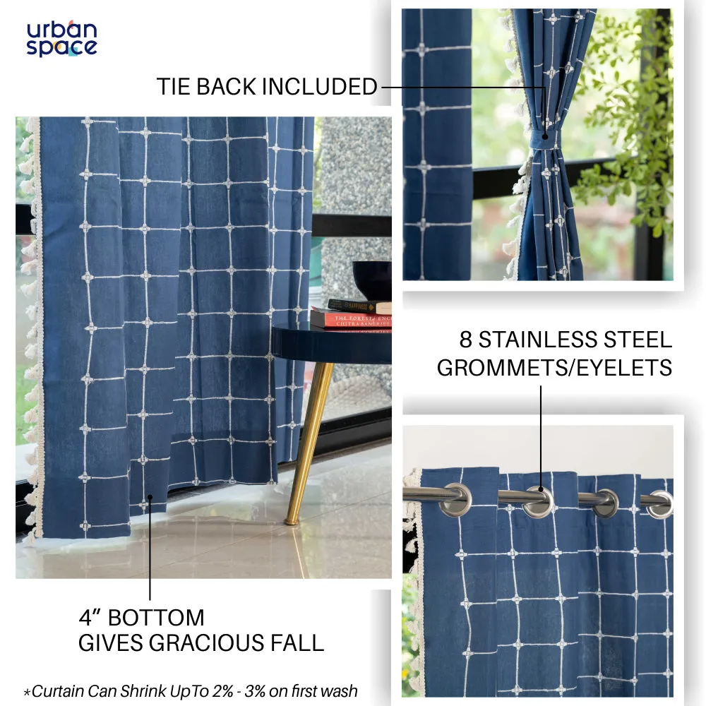 Premium 100% Cotton Embroidery Curtain for Window & Door - Pack of 1 Curtain, Indigo Checks