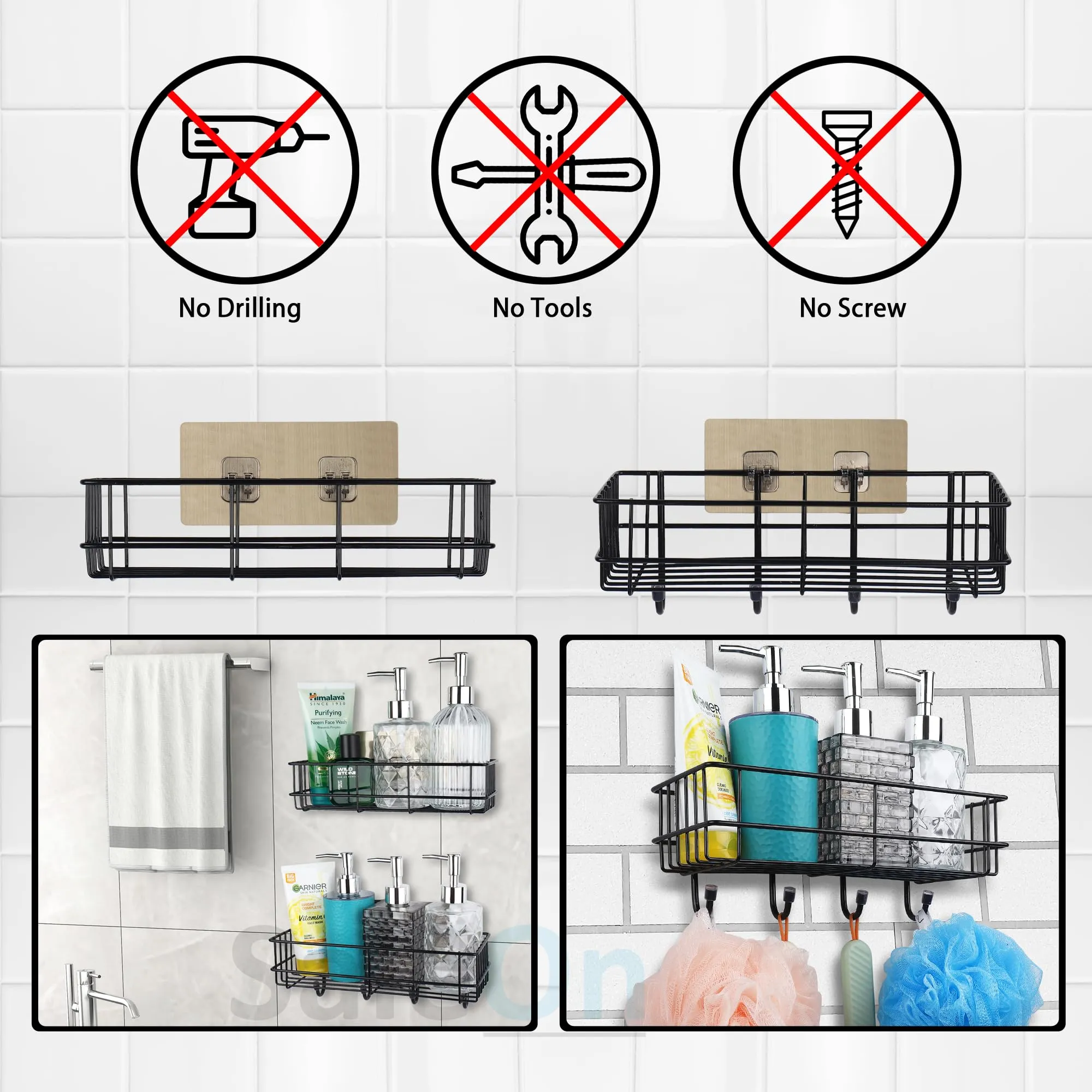 SaleOn Wall Rack for Bathroom and Kitchen (Set of 2), Bathroom Shelf with Hook, Self Adhesive Wall Storage Organizer, Metal Rack for Kitchen and Bathroom, Racks for Storage