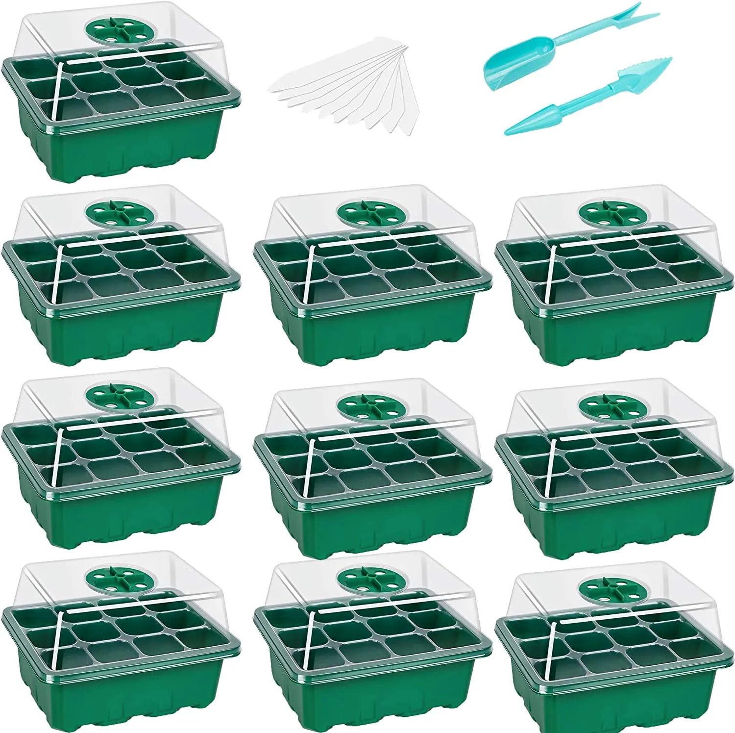 Seed Starter Trays and Domes with 12 Seed Cells per Tray and Tools - Green 10-Pack