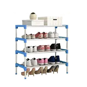 Three Secondz Stainless Steel Shoe Rack Matel Shoe Stand Storage Organizer Shoe Cabinet Durable Portable Iron Shoe Rack(4 Layers Blue)